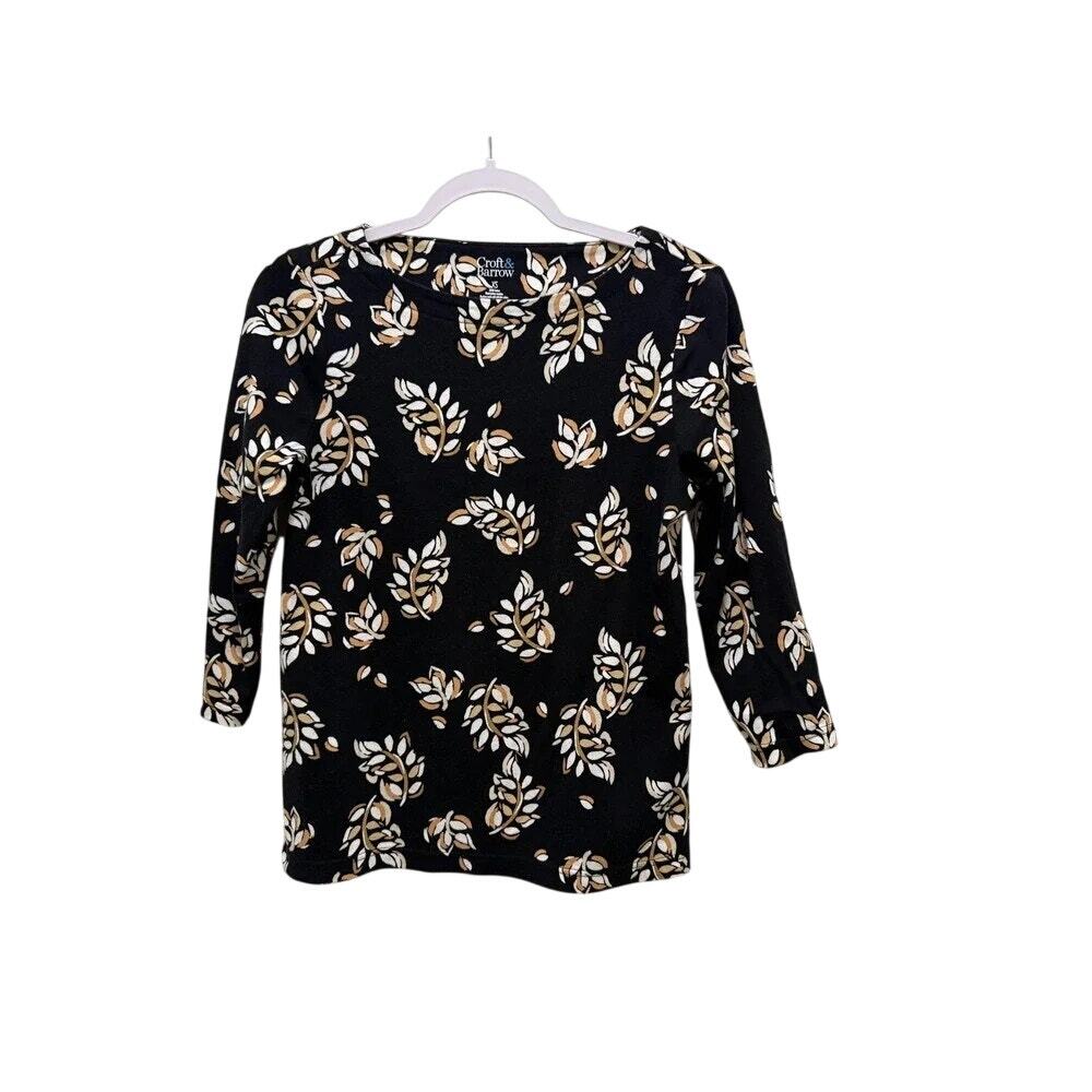NWT Croft & Barrow Black Leaf Floral 3/4 Sleeve Boat Neck Top Women's Size XL